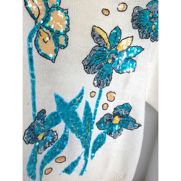 Vintage Laura Winston Floral Sequin Sweater Size Large - Picture 9 of 9